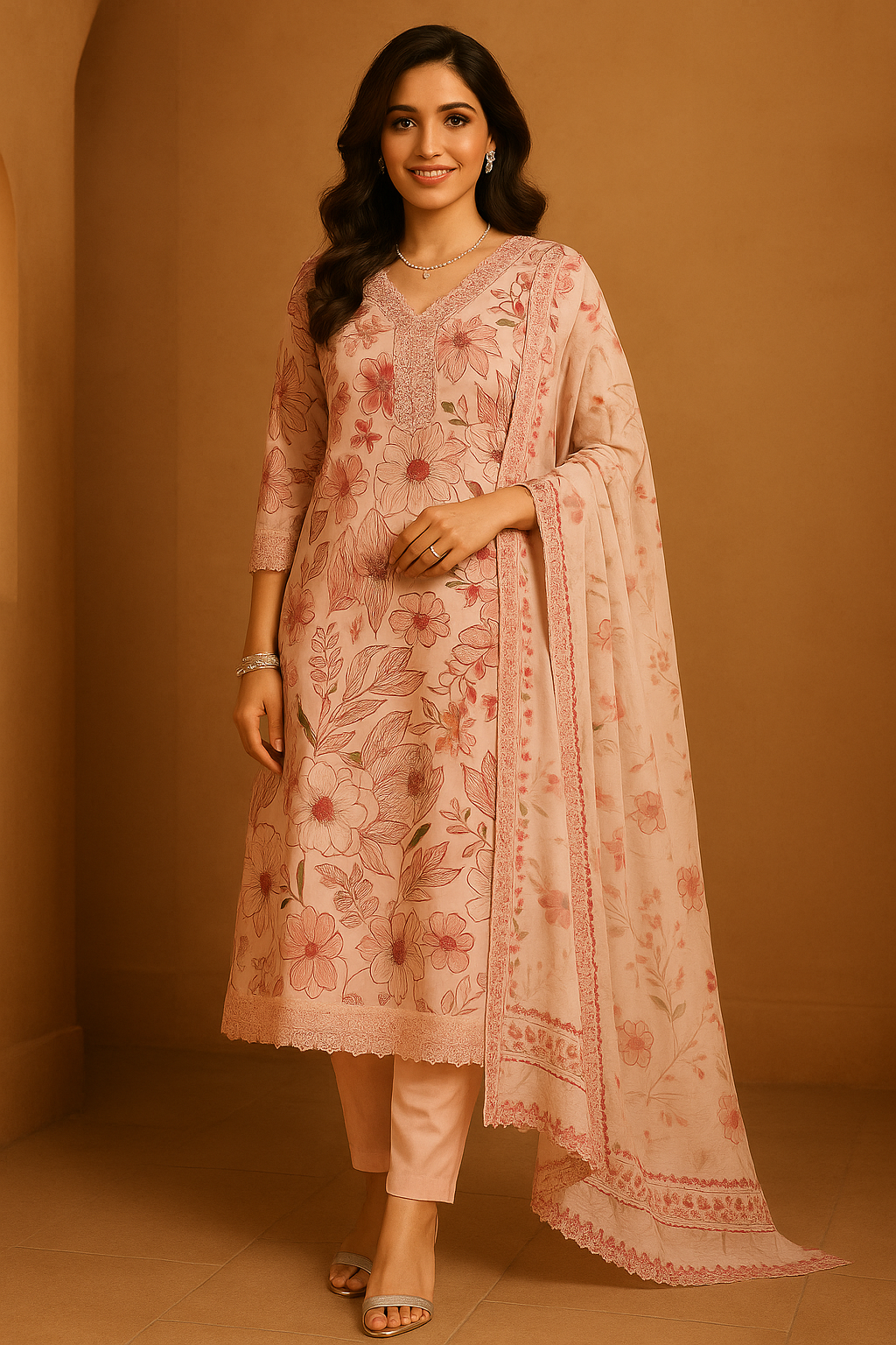 Peach cotton salwar kurta dupatta set for women
