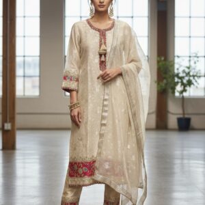 Salwar Kurta Dupatta Set in Jacquard Silk – Off White