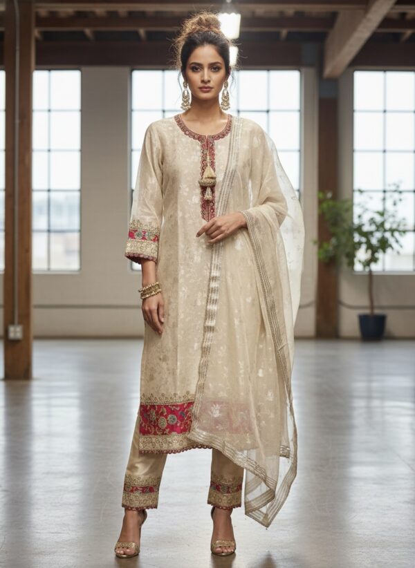 Salwar Kurta Dupatta Set in Jacquard Silk – Off White
