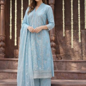 Salwar Kurta Dupatta Set Aqua Color Cotton Fabric