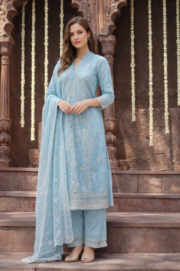 Salwar Kurta Dupatta Set Aqua Color Cotton Fabric