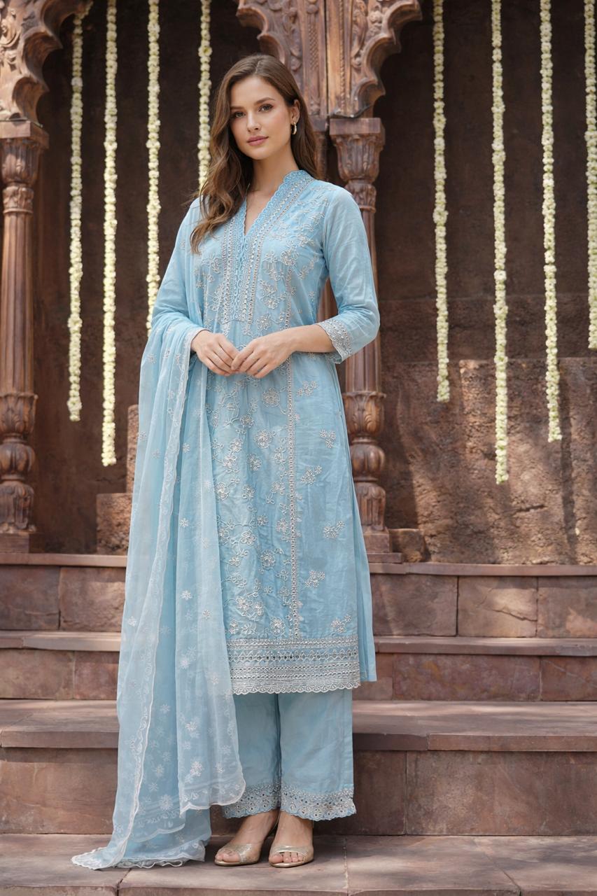 Salwar Kurta Dupatta Set Aqua Color Cotton Fabric