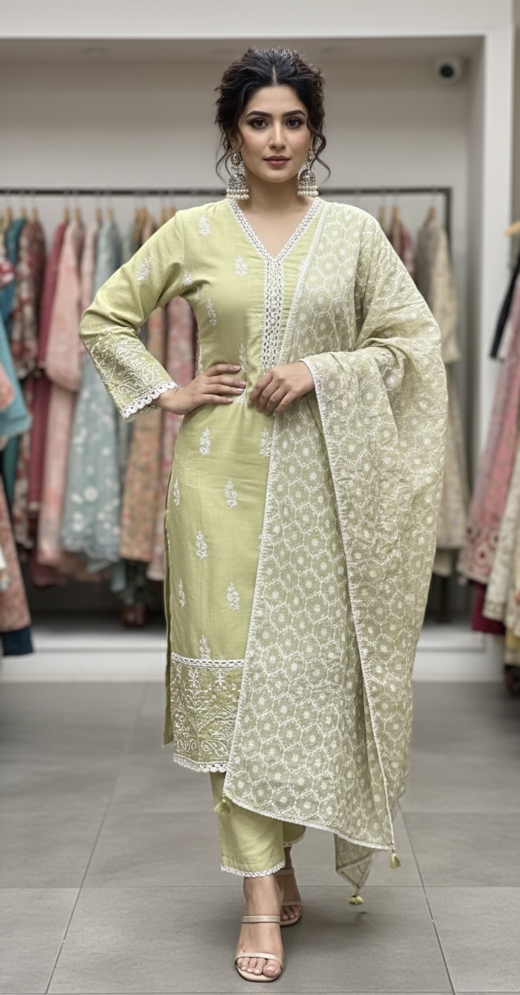 Pista green pure Banarasi salwar kurta dupatta set for women