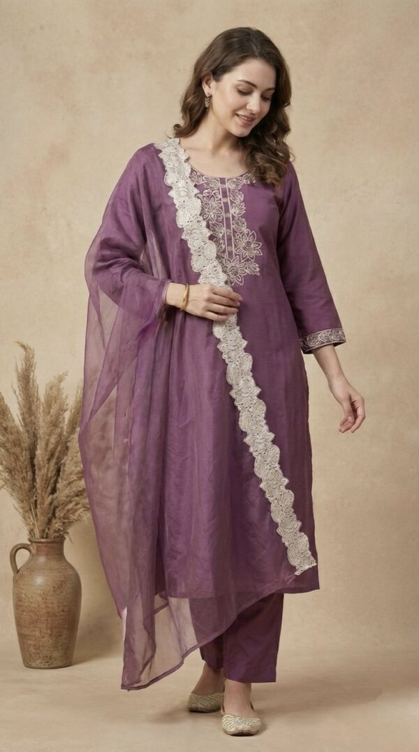 Salwar Kurta Dupatta Set Roman Silk Suit Set Violet