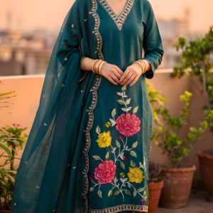 Salwar Kurta Dupatta Set Color Green Teal Fabric Roman Silk