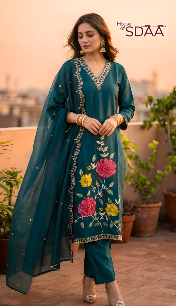 Salwar Kurta Dupatta Set Color Green Teal Fabric Roman Silk