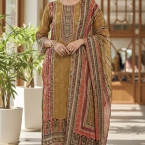 Ochre silk blend salwar kurta dupatta set for women
