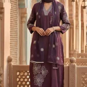 Salwar Kurta Dupatta Set Roman Silk Color Dark Wine