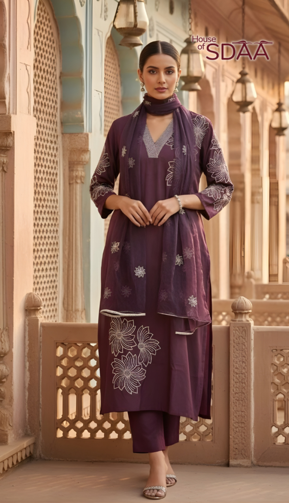 Salwar Kurta Dupatta Set Roman Silk Color Dark Wine